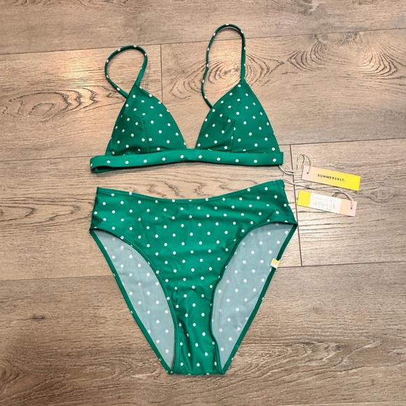 NWT SUMMERSALT Bikini S 4 Swimsuit Set Green White Polka Dot Triangle High Waist - Picture 1 of 4